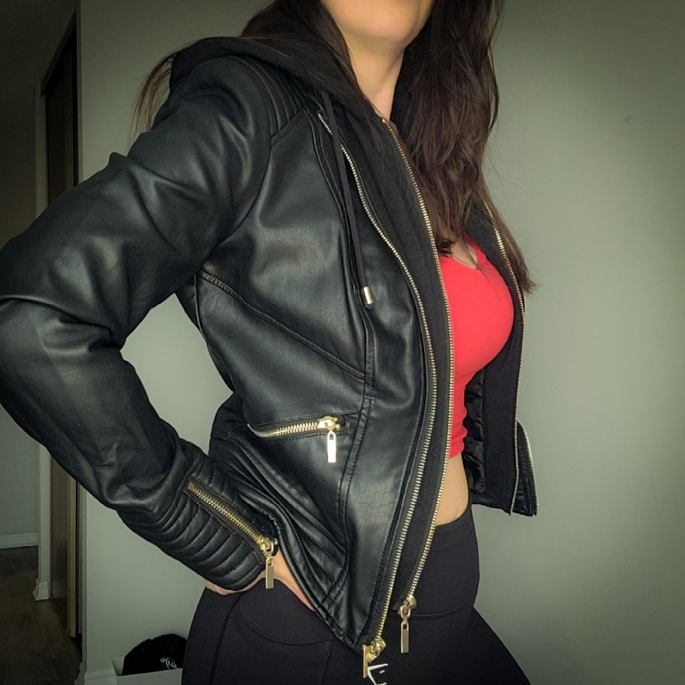 Guess Women's Faux Leather Hooded Moto Jacket